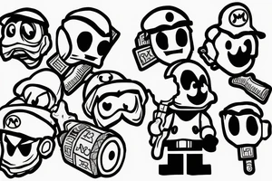 an shy guy(from super mario) holding a Legoman head in his hands tattoo idea