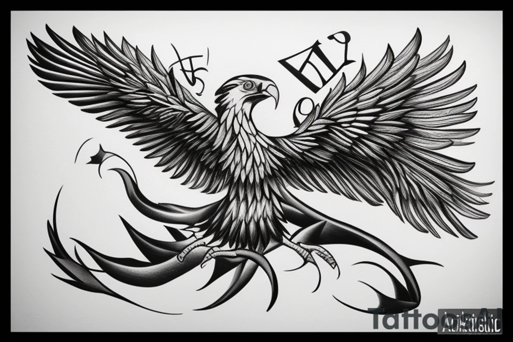 An Albanian eagle Tattoo in a modern style with a banner by the feet that says my last name "MARKU" tattoo idea