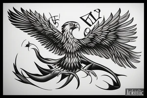 An Albanian eagle Tattoo in a modern style with a banner by the feet that says my last name "MARKU" tattoo idea