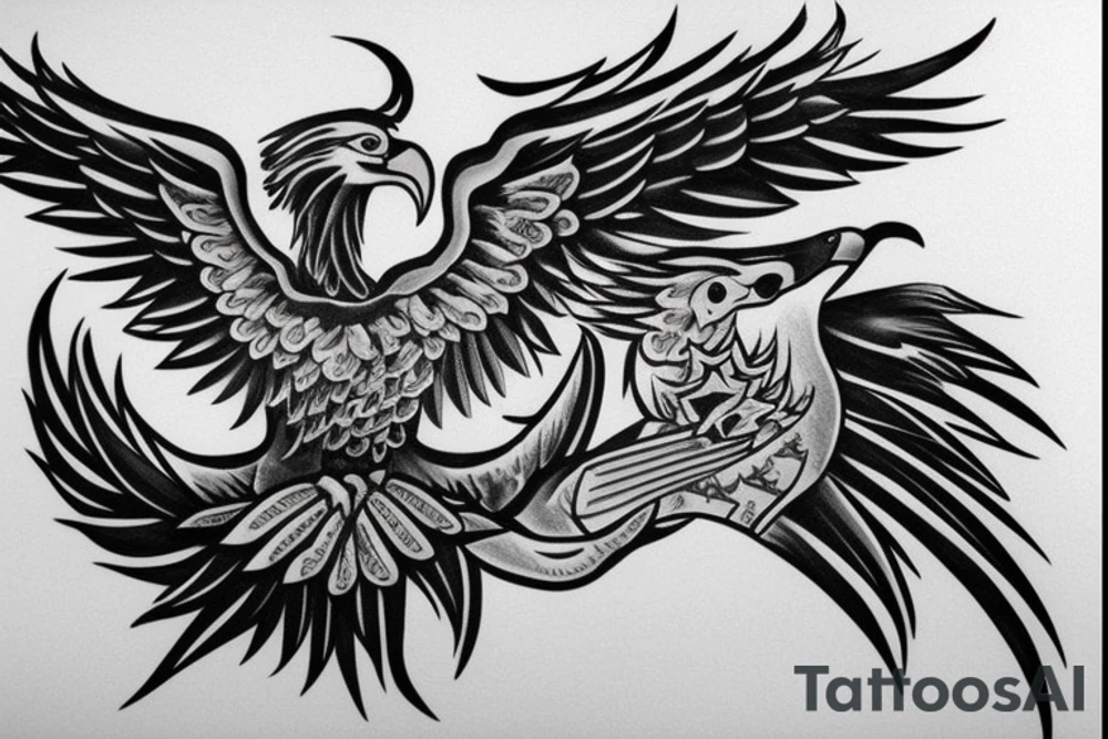 An Albanian eagle Tattoo in a modern style with a banner by the feet that says my last name "MARKU" tattoo idea
