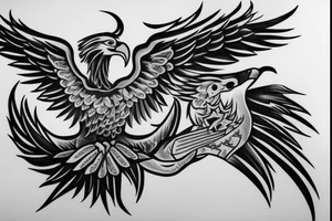 An Albanian eagle Tattoo in a modern style with a banner by the feet that says my last name "MARKU" tattoo idea