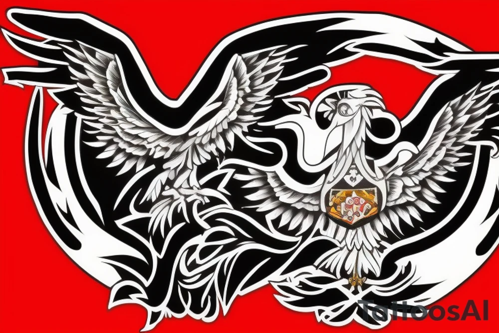 An Albanian double headed eagle Tattoo in a modern style with a banner by the feet that says my last name "MARKU" tattoo idea