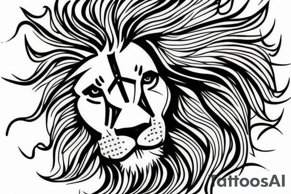 Lion with blue eyes with a tree under it and a cross over its eye as painted by Van Gogh tattoo idea