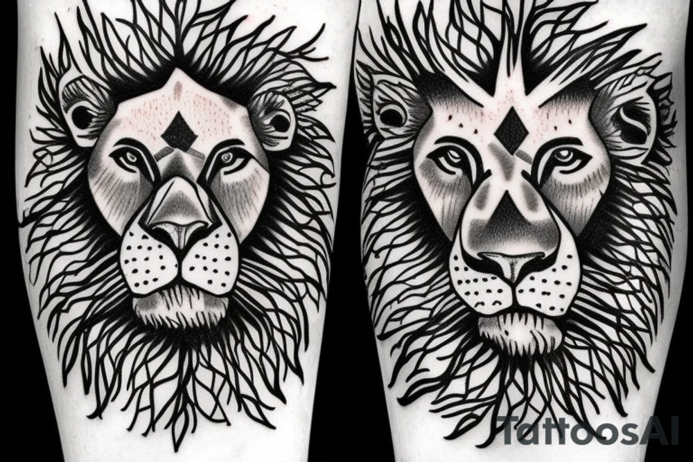 Lion with blue eyes with a tree under it and a cross over its eye as painted by Van Gogh tattoo idea