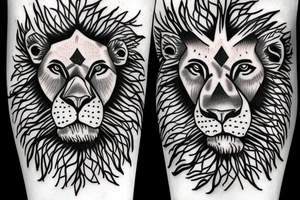 Lion with blue eyes with a tree under it and a cross over its eye as painted by Van Gogh tattoo idea