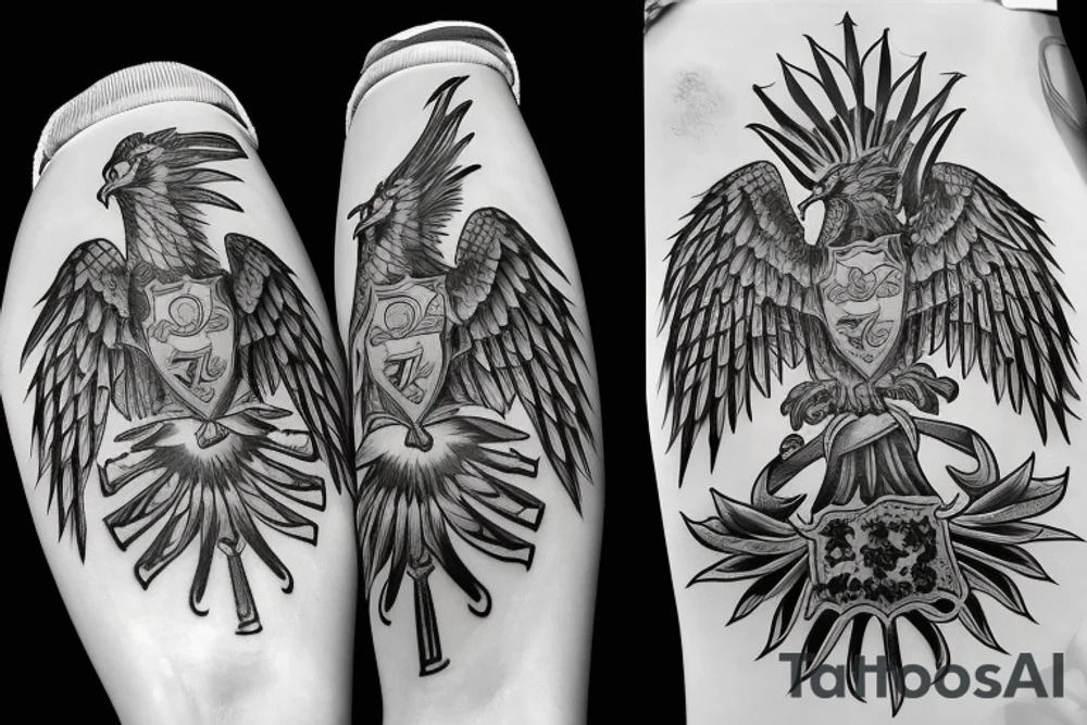 An Albanian double headed eagle Tattoo in a modern style with a banner by the feet that says my last name "MARKU" tattoo idea