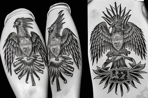 An Albanian double headed eagle Tattoo in a modern style with a banner by the feet that says my last name "MARKU" tattoo idea