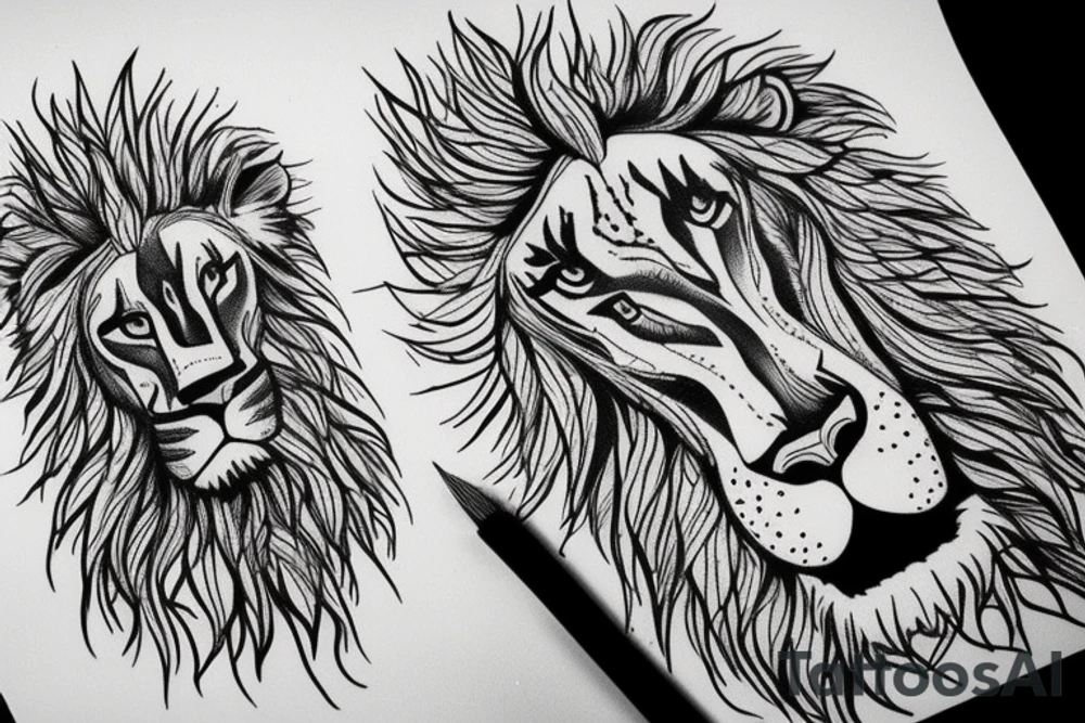 Lion with blue eyes with a tree underneath it tattoo idea