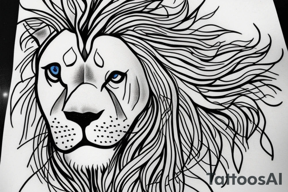 Lion with blue eyes with a tree underneath it tattoo idea
