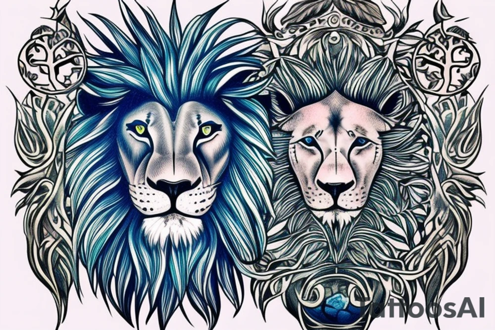 Lion with blue eyes and the tree of life underneath it tattoo idea