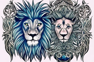 Lion with blue eyes and the tree of life underneath it tattoo idea