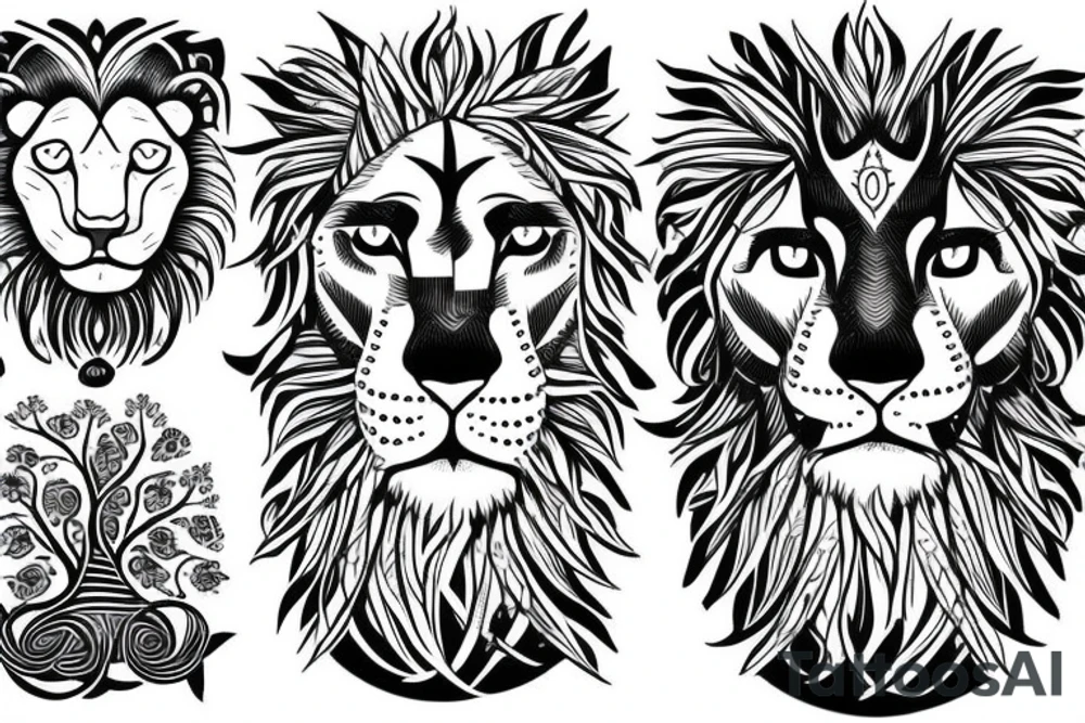 Lion with blue eyes and the tree of life underneath it tattoo idea
