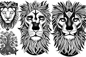 Lion with blue eyes and the tree of life underneath it tattoo idea