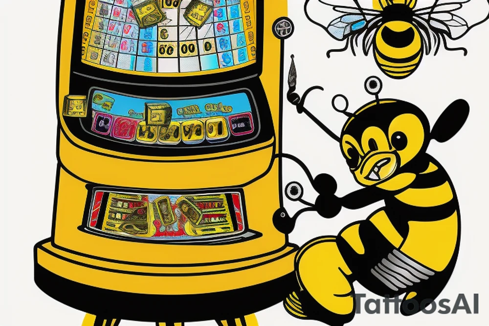 bumble bee sitting on top of a slot machine, with the reels showing lucky symbols tattoo idea