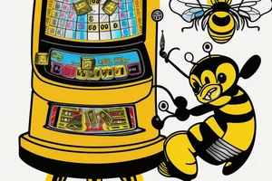 bumble bee sitting on top of a slot machine, with the reels showing lucky symbols tattoo idea