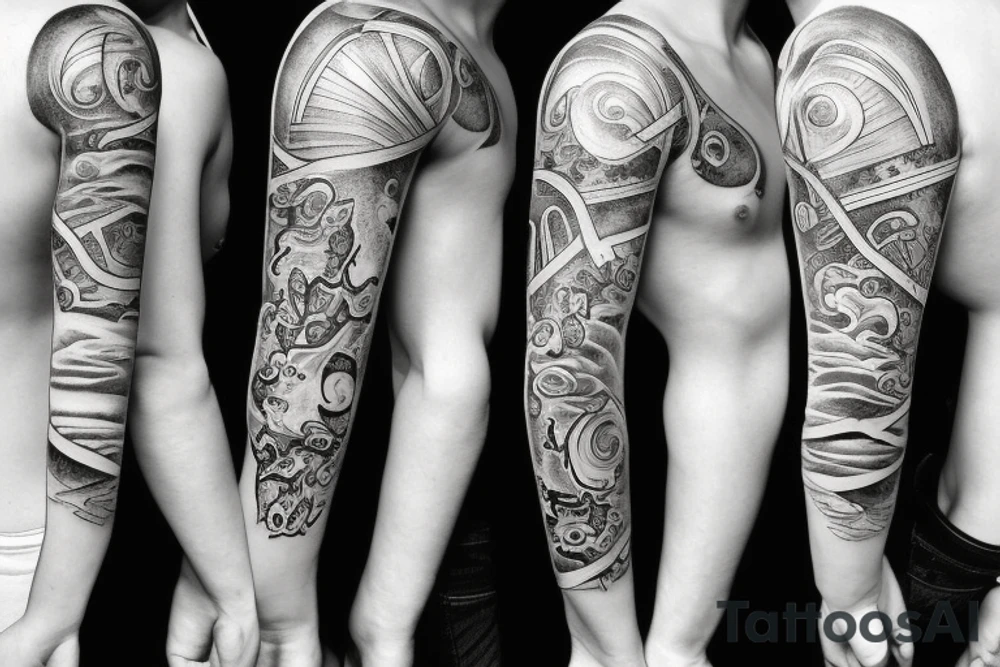 right arm sleeve, clouds with a quote on the shoulder and a greek theme on the forearm tattoo idea
