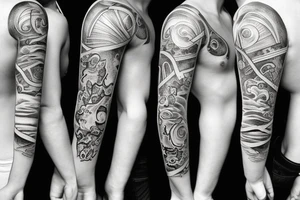 right arm sleeve, clouds with a quote on the shoulder and a greek theme on the forearm tattoo idea