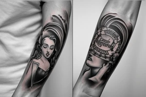 right arm sleeve, clouds with a quote on the shoulder and a greek theme on the forearm tattoo idea