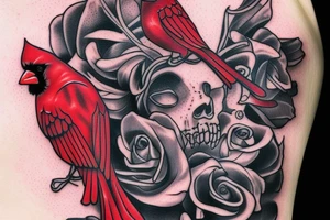 Morbid bloody Cardinal with flowers coming out of it tattoo idea