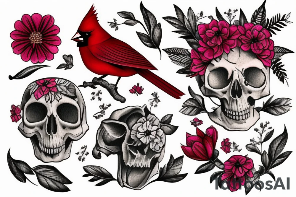Cardinal skull colored with flowers tattoo idea