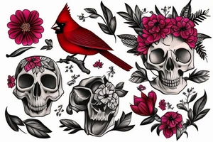 Cardinal skull colored with flowers tattoo idea