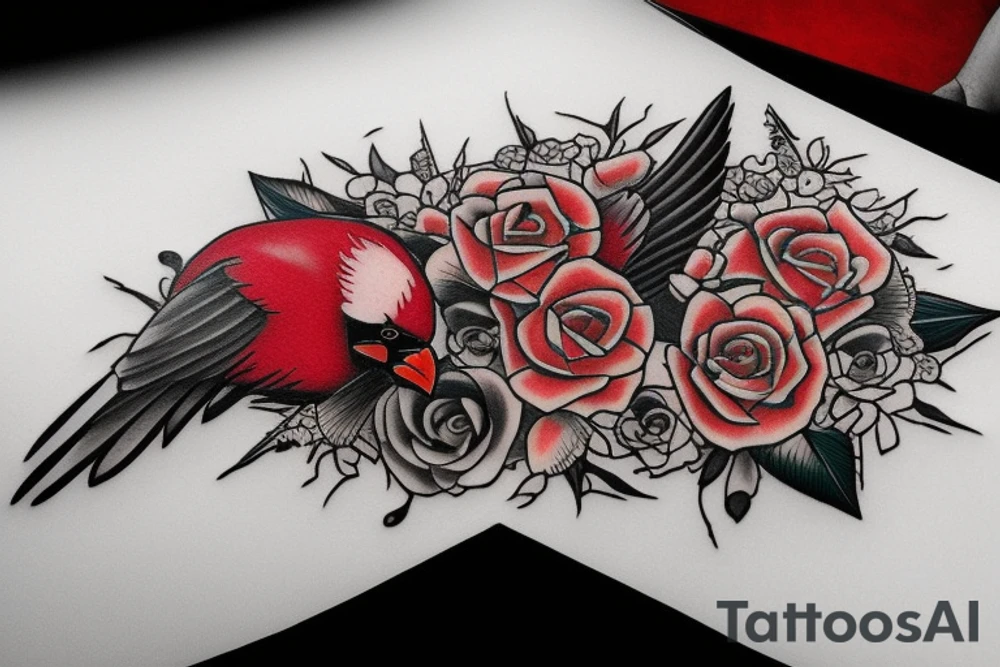 Cardinal skull laying in a bed of flowers tattoo idea
