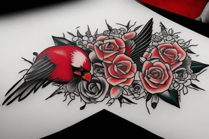 Cardinal skull laying in a bed of flowers tattoo idea