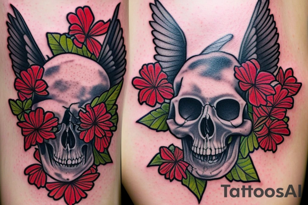 Cardinal skull laying in a bed of flowers tattoo idea