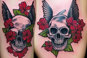 Cardinal skull laying in a bed of flowers tattoo idea