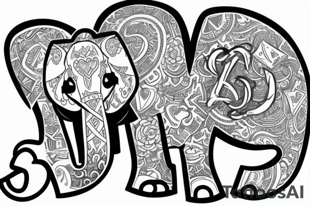 Young, seated elephant blowing three hearts from a raised trunk with initials J, B, L inside the three hearts tattoo idea