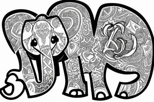 Young, seated elephant blowing three hearts from a raised trunk with initials J, B, L inside the three hearts tattoo idea