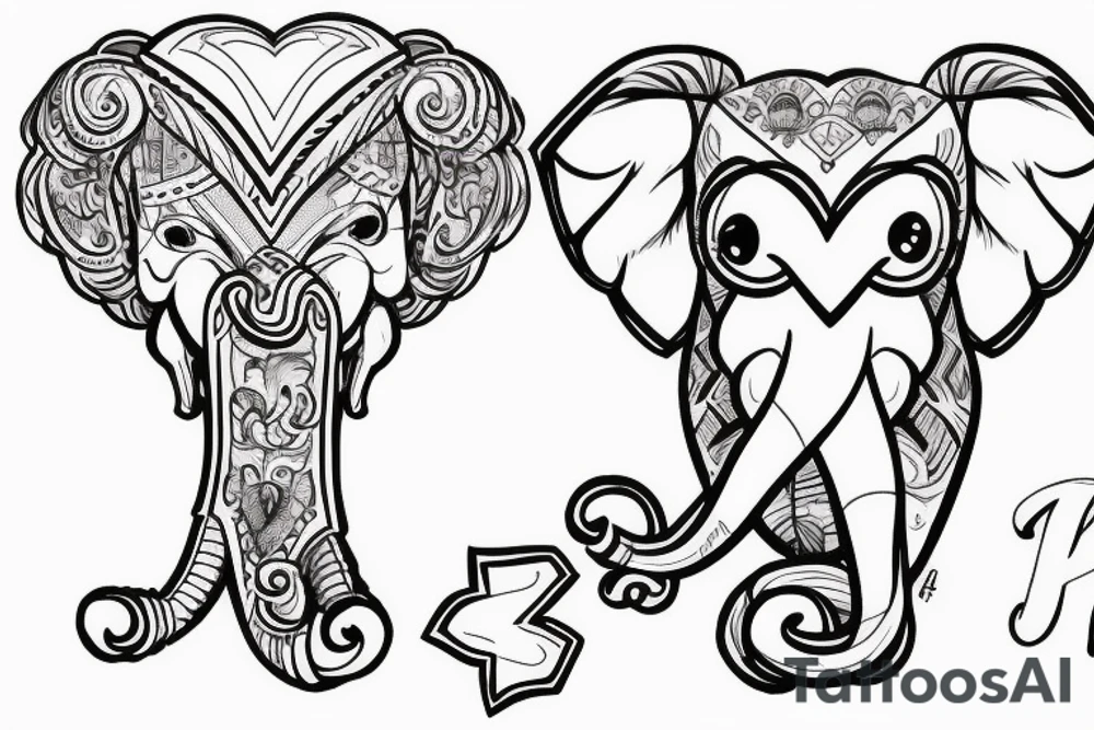 Young, seated elephant blowing three hearts from a raised trunk with initials J, B, L inside the three hearts tattoo idea