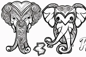 Young, seated elephant blowing three hearts from a raised trunk with initials J, B, L inside the three hearts tattoo idea