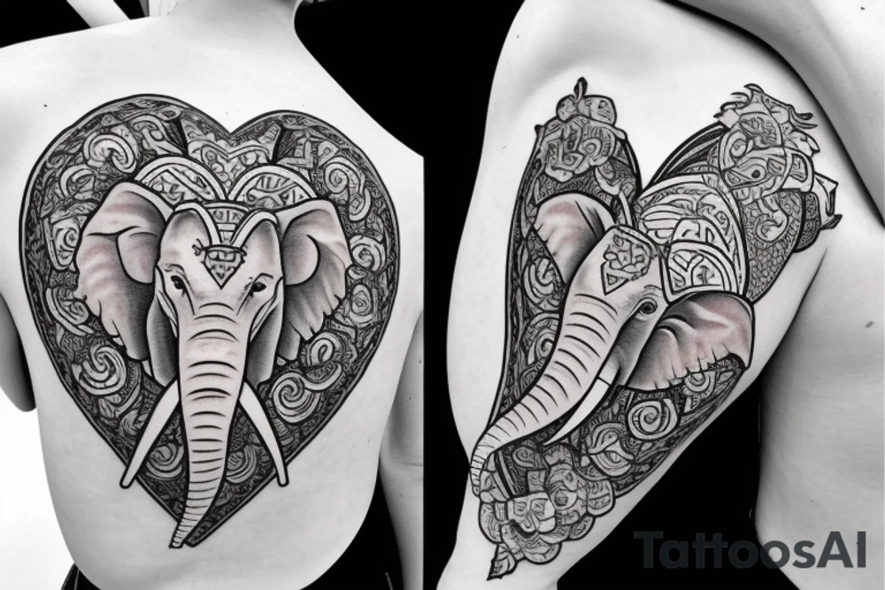 Young, seated elephant blowing three hearts from a raised trunk with initials J, B, L inside the three hearts tattoo idea