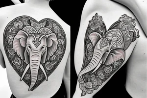 Young, seated elephant blowing three hearts from a raised trunk with initials J, B, L inside the three hearts tattoo idea
