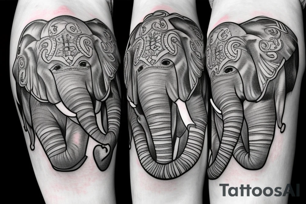 Young, seated elephant blowing three hearts from a raised trunk with initials J, B, L inside the three hearts tattoo idea