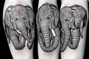 Young, seated elephant blowing three hearts from a raised trunk with initials J, B, L inside the three hearts tattoo idea