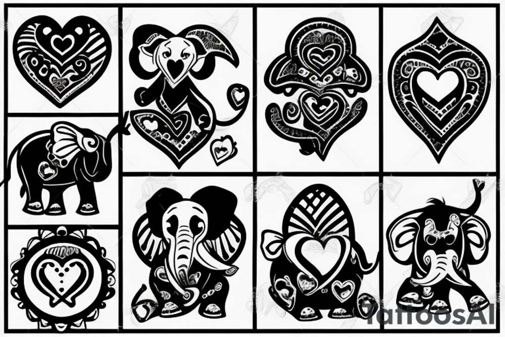 Small elephant with three hearts tattoo idea