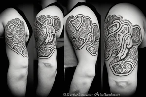 Small elephant blowing three hearts from raised trunk tattoo idea