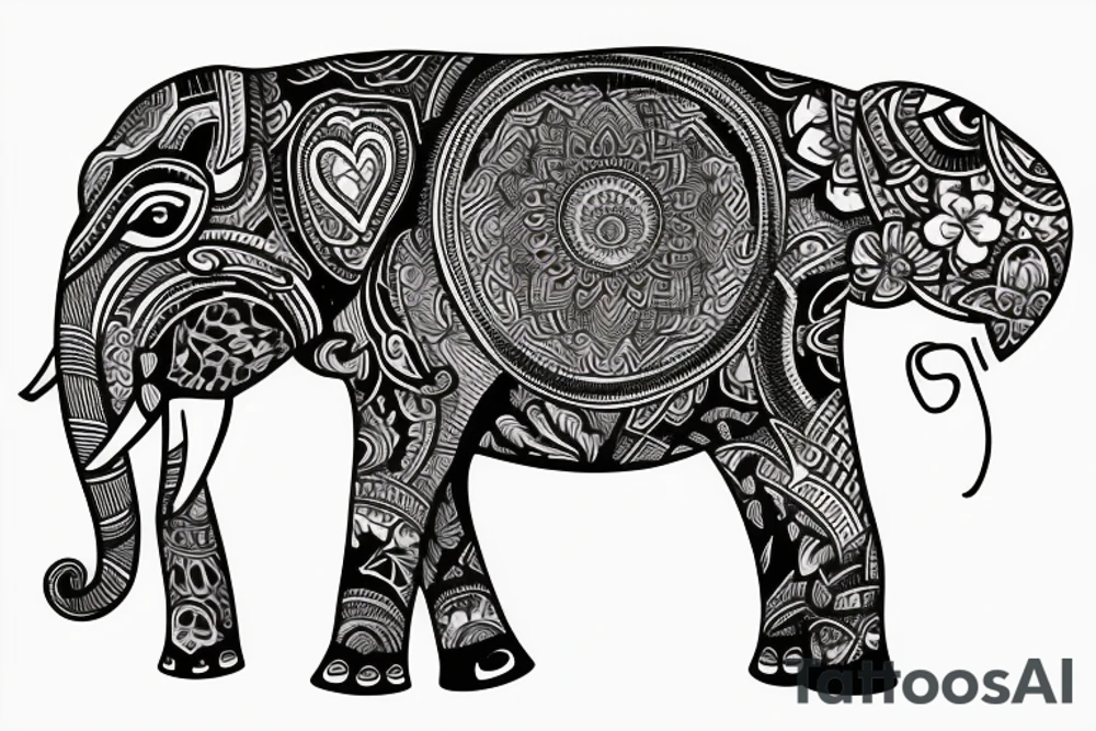 elephant surrounded by three hearts tattoo idea