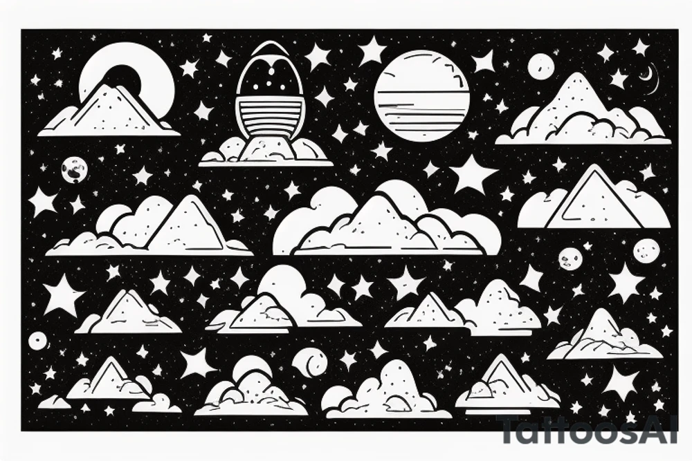 A wide photo of mountains with clouds above it with stars above the clouds and a planet and a rocket ship tattoo idea