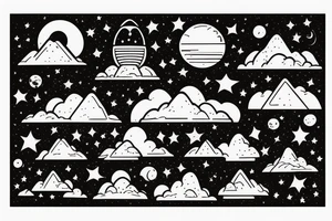 A wide photo of mountains with clouds above it with stars above the clouds and a planet and a rocket ship tattoo idea