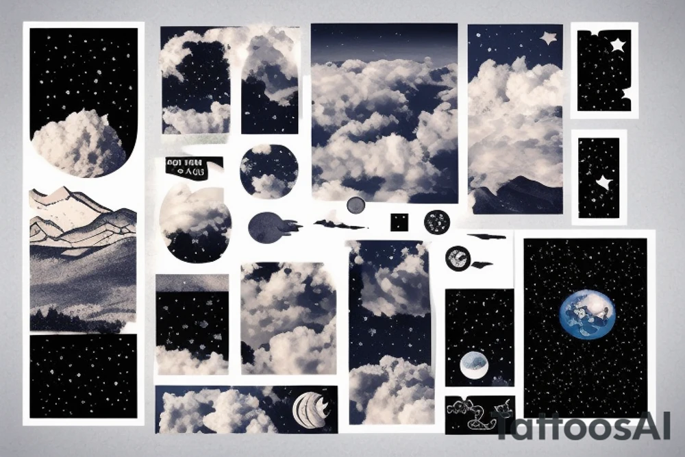 A wide photo of mountains with clouds above it with stars above the clouds and a planet and a rocket ship tattoo idea