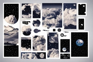 A wide photo of mountains with clouds above it with stars above the clouds and a planet and a rocket ship tattoo idea
