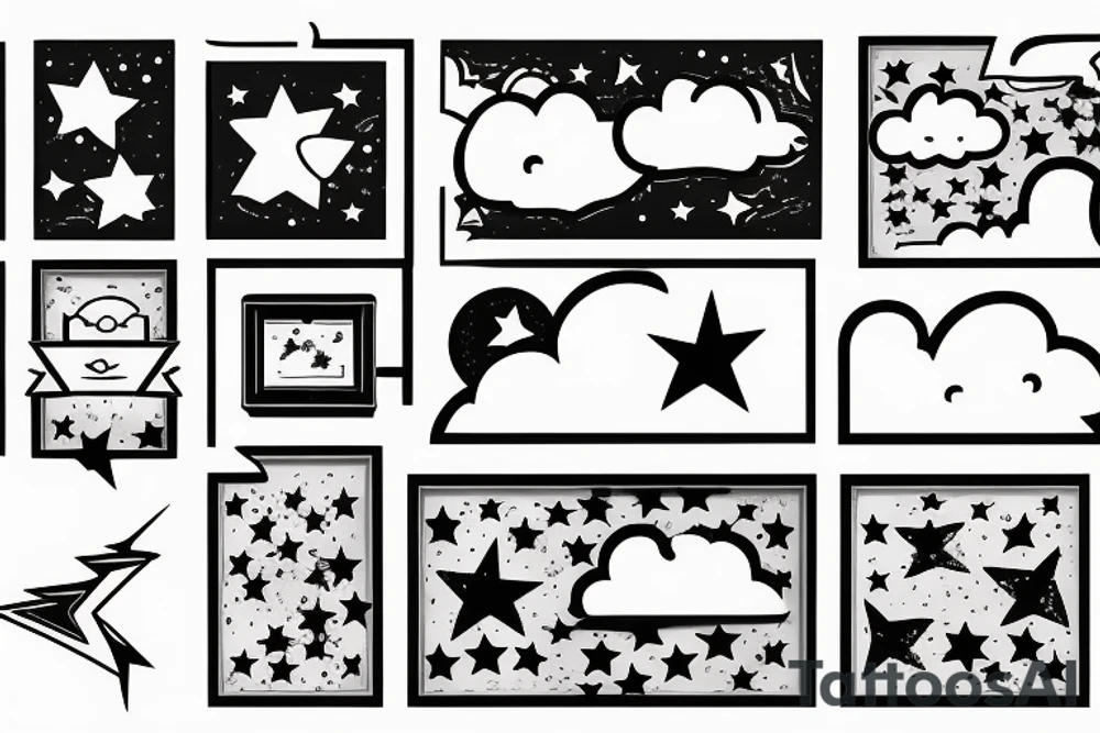 wide rectangular framed design with clouds and stars tattoo idea