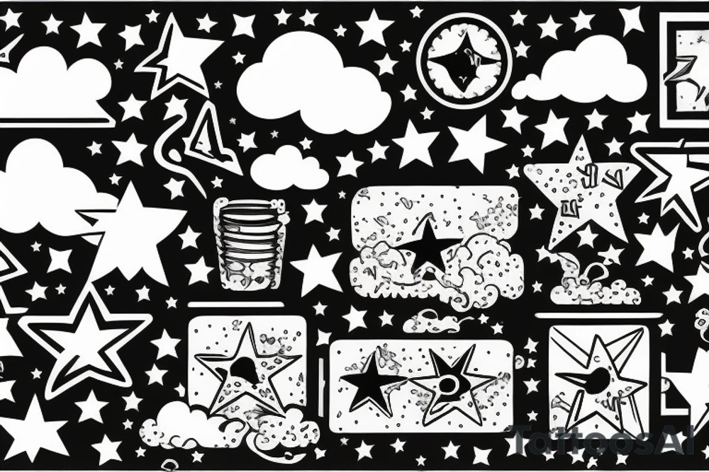 wide rectangular framed design with clouds and stars tattoo idea
