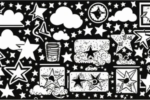 wide rectangular framed design with clouds and stars tattoo idea
