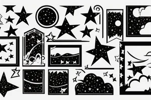 wide rectangular framed design with clouds and stars tattoo idea
