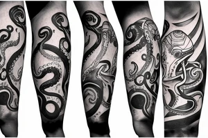 Arm sleeve with elements of Space, an octopus, Atlanta Braves and UCF tattoo idea