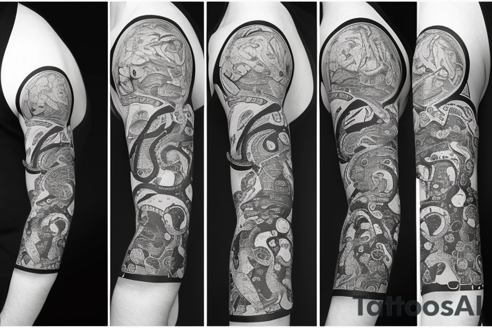 Arm sleeve with elements of Space, an octopus, Atlanta Braves and UCF tattoo idea